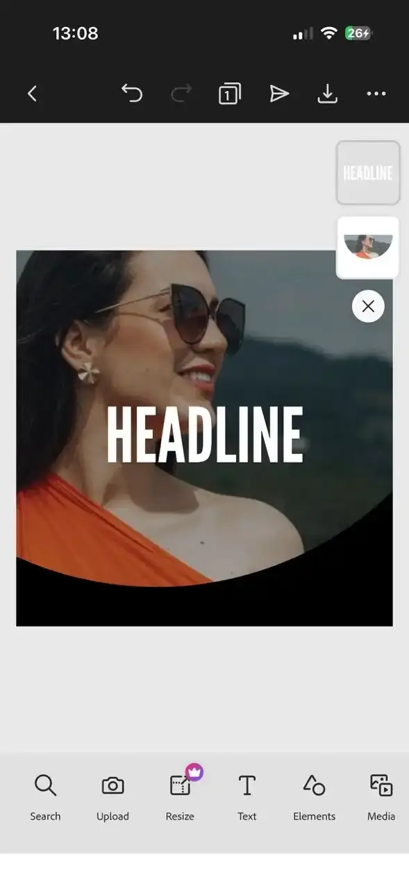 The editor in Adobe Express with a headline Story design open and the Resize, Text and Elements toolbar