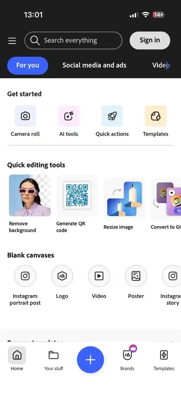 The home screen in Adobe Express with quick editing tools and blank canvases including an Instagram story preset