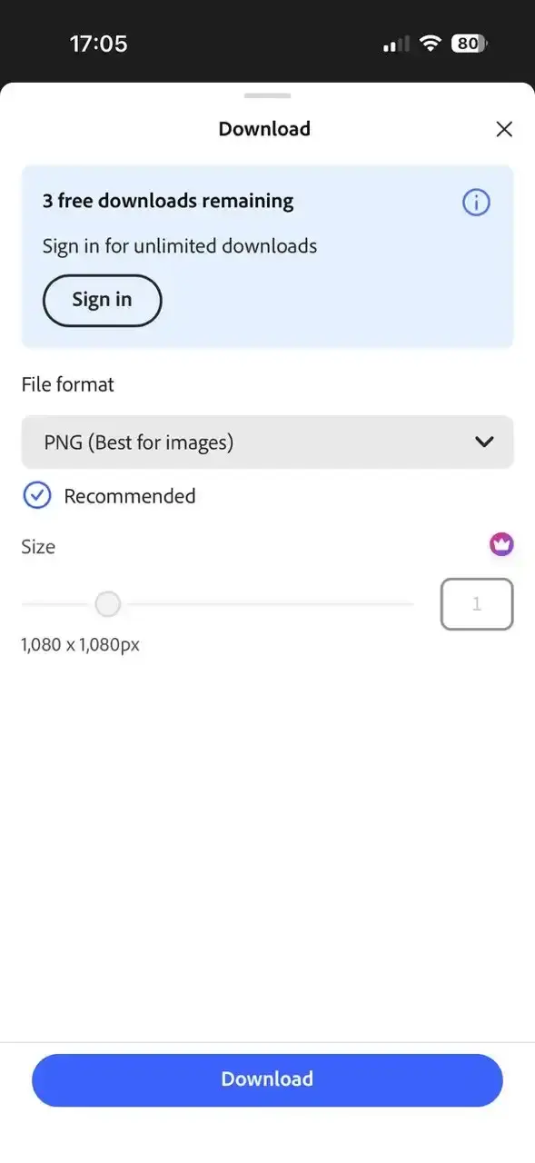 The download sheet in Adobe Express showing the free downloads remaining and a prompt to sign in