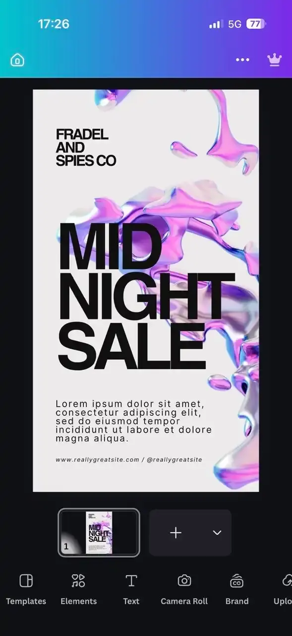 The editor in Canva with a Midnight Sale Story design open and the Templates, Elements, Text and Brand toolbar