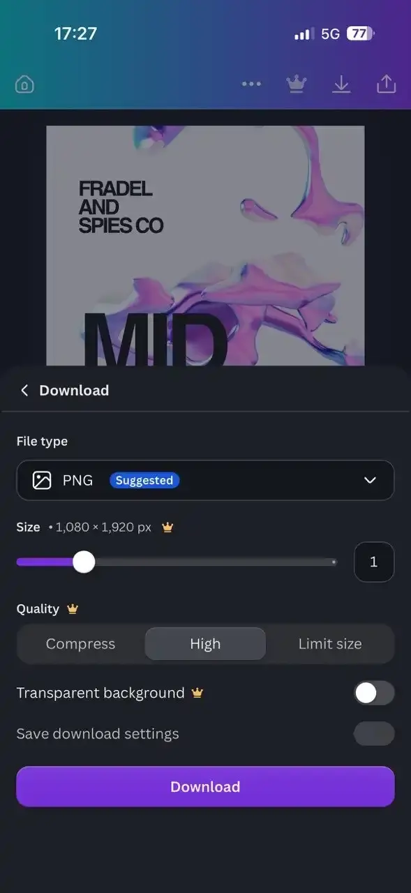 The download sheet in Canva showing a PNG export at Story size with file type, size, quality and transparent background options