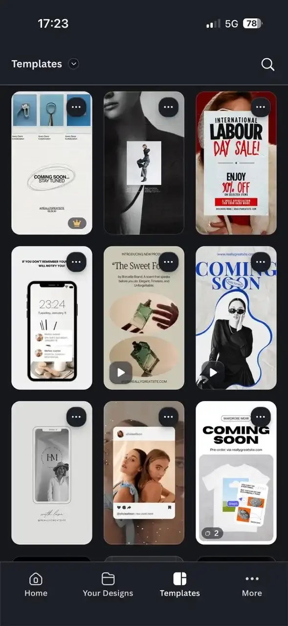 The Templates tab in Canva showing a grid of Instagram Story templates