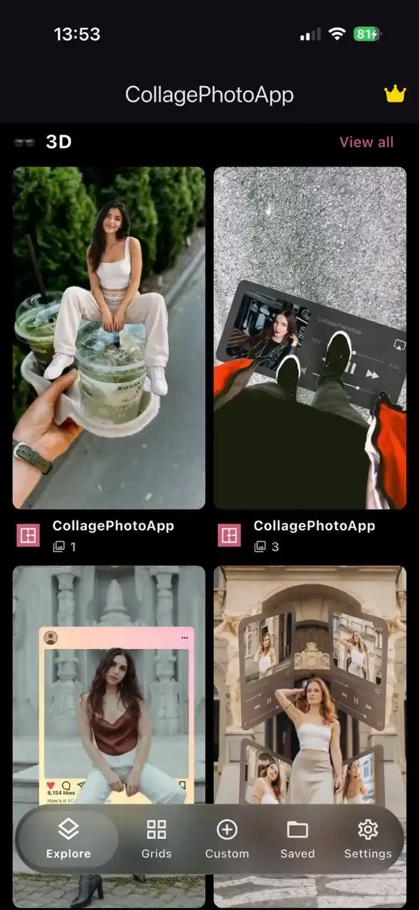 The Explore tab in CollagePhotoApp showing 3D story collage templates in a two-column grid
