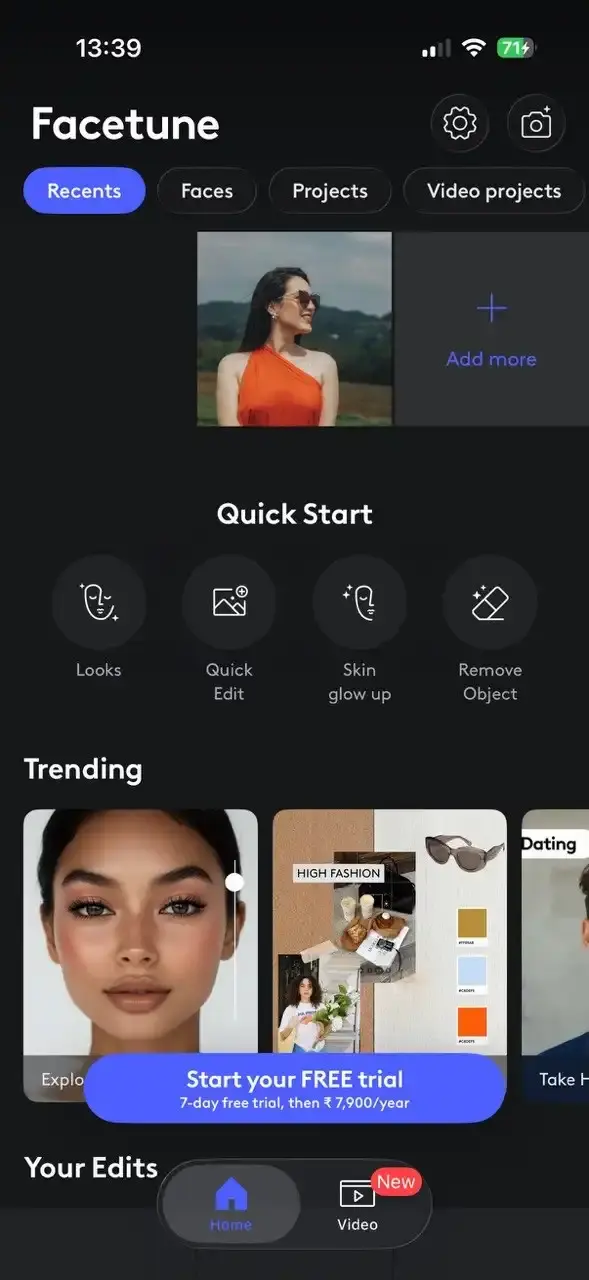 The home screen in Facetune with Looks, Quick Edit and Skin glow up shortcuts