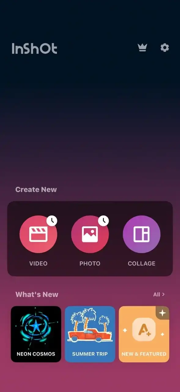 The home screen in InShot offering Video, Photo and Collage as the three ways to start