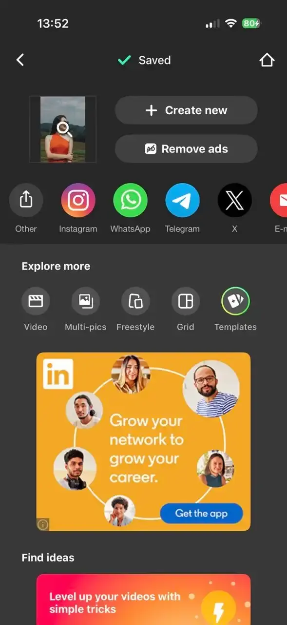 The save screen in InShot showing sharing shortcuts and a Remove ads button