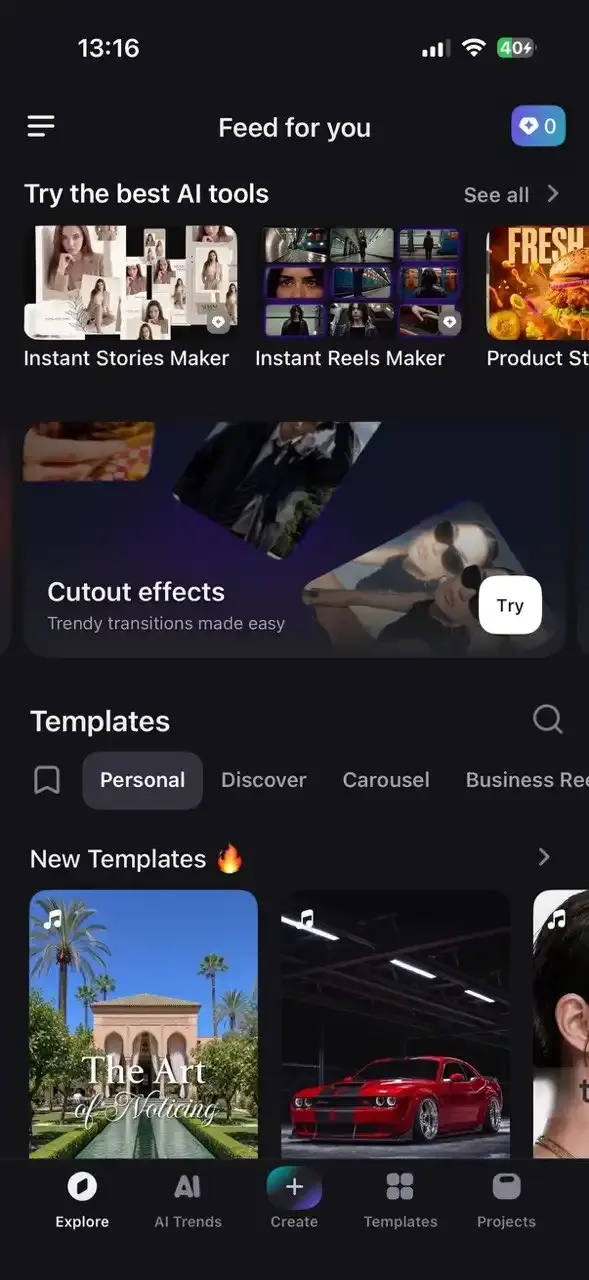 The Explore feed in Instories showing AI tools including Instant Stories Maker and Instant Reels Maker