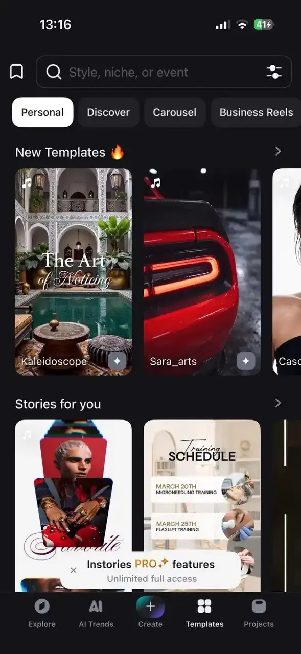 The Templates tab in Instories showing the New Templates and Stories for you rows