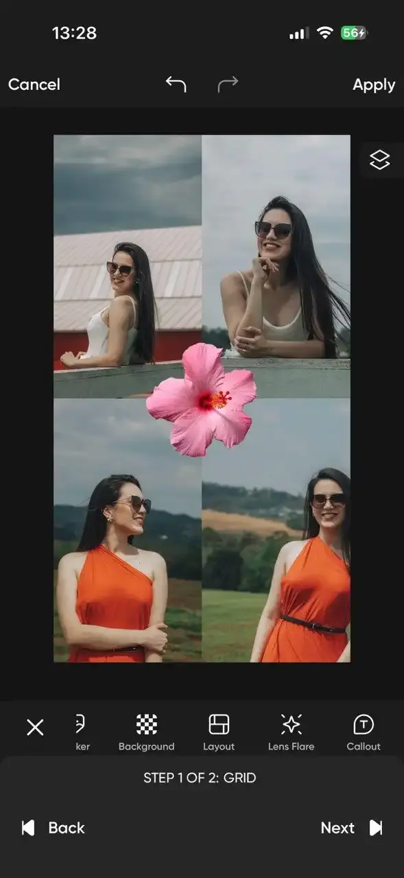 The grid collage editor in Picsart on step one of two, showing four photos with Background, Layout and Lens Flare controls
