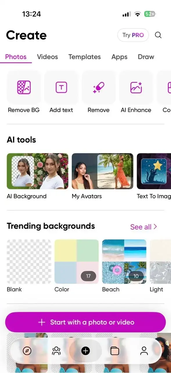 The Create screen in Picsart showing Remove BG, Add text, Remove and AI Enhance shortcuts above a row of AI tools
