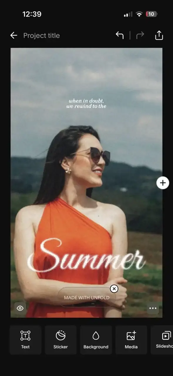 The editor in Unfold showing a Story design on the canvas with the Made With Unfold mark across the lower third