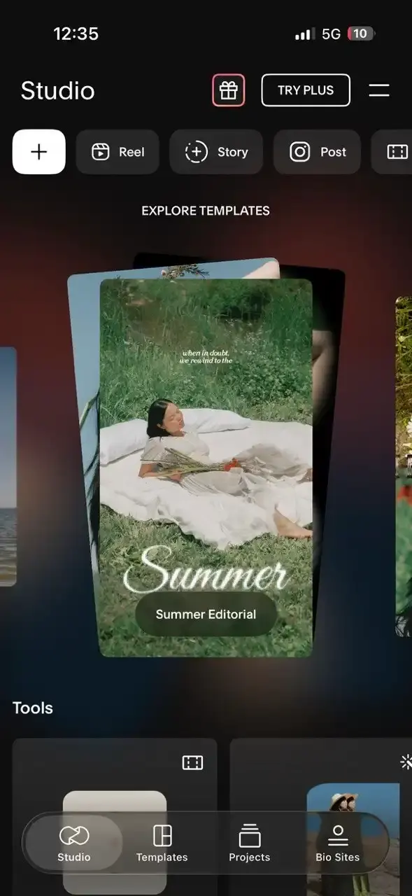 The Studio tab in Unfold with Reel, Story and Post tabs above a Summer Editorial template preview