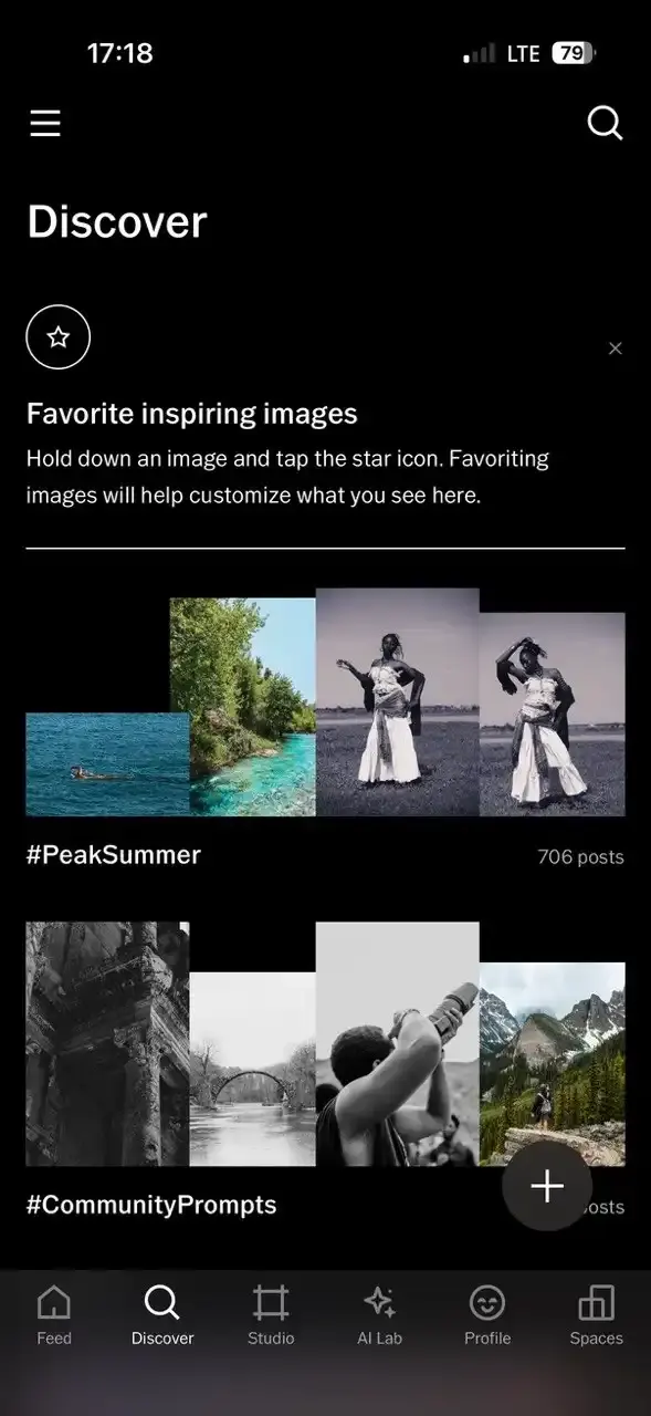 The Discover tab in VSCO showing hashtag feeds of member photographs