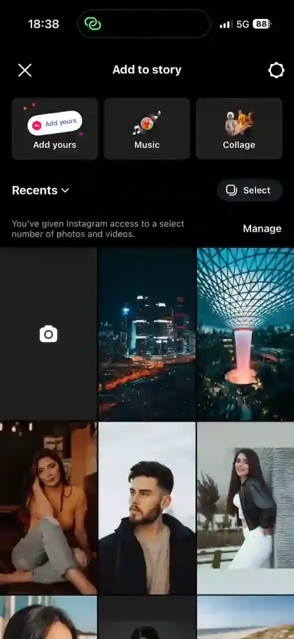 Instagram camera roll view showing recent photos in a grid, with the gallery icon visible at the bottom-left of the Stories camera screen