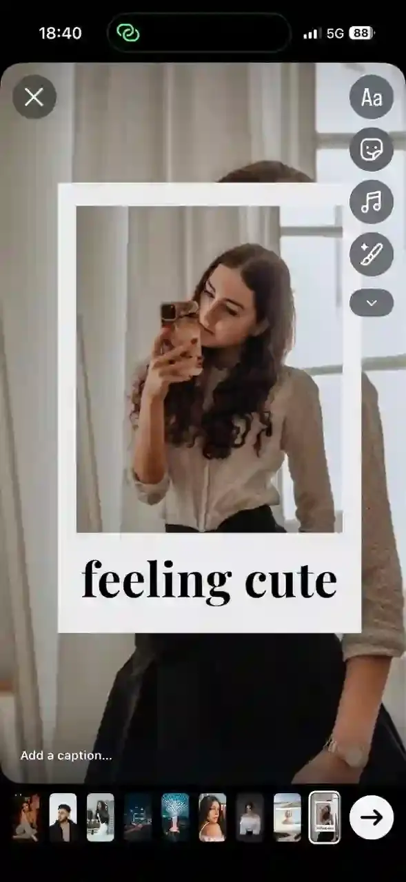 Instagram Stories individual slide editor showing the toolbar with options to add text, stickers, music and filters to customize each selected photo before posting