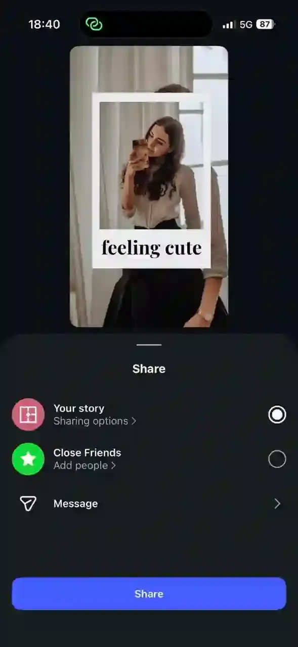 Instagram sharing screen with the Your Story option and Share button ready to publish all selected photos as sequential Instagram Story slides at once