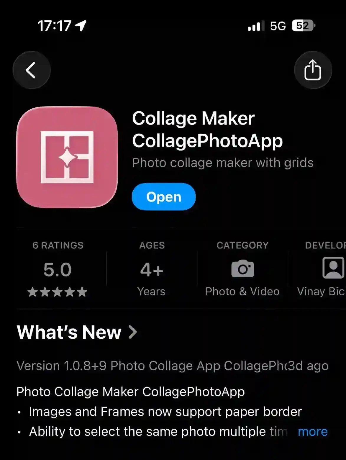 Apple App Store listing for Collage Maker CollagePhotoApp showing app icon, rating, and category