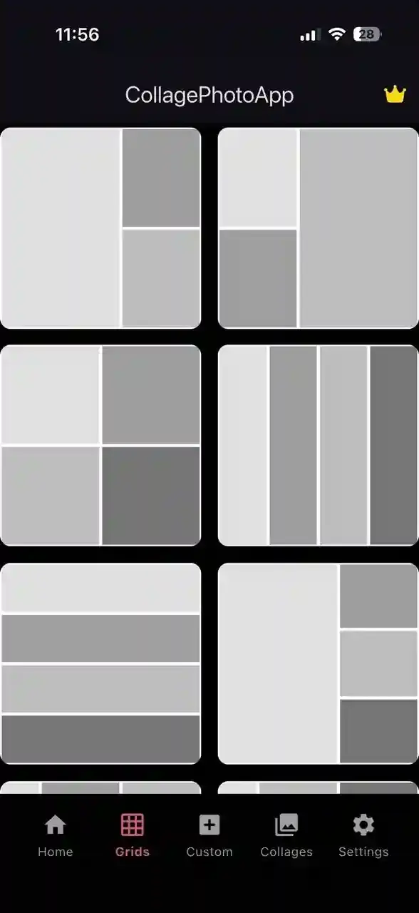Grid layout selection screen displaying multiple collage grid options with different photo arrangements in CollagePhotoApp