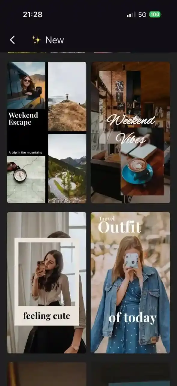 Templates page in CollagePhotoApp showcasing collage designs under categories like Frames and Love, with multiple styled photo layouts to choose from