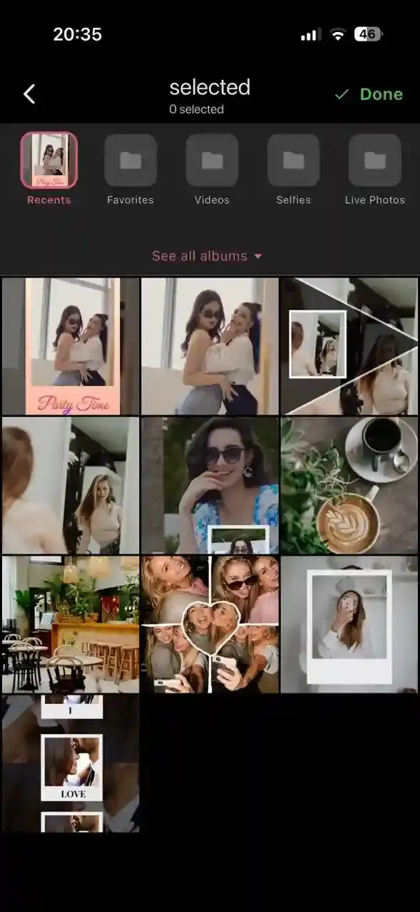 Photo selection page in CollagePhotoApp showing device gallery with albums like Recent, Favorites, Videos, and grid of images available to choose for creating a collage