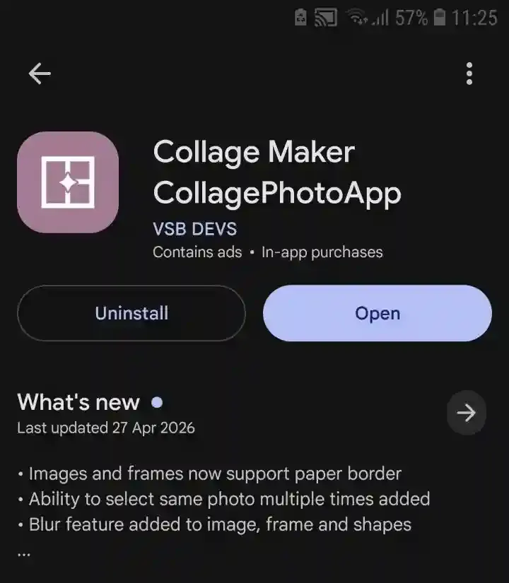 Google Play Store listing for Collage Maker CollagePhotoApp showing app icon, developer name and install options