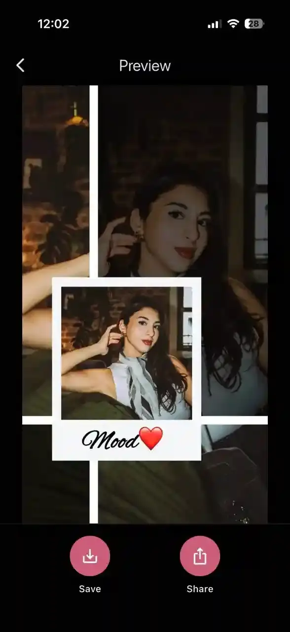 Preview page in CollagePhotoApp displaying a completed photo collage with layered images and “Mood ❤️” text, along with save and share options.