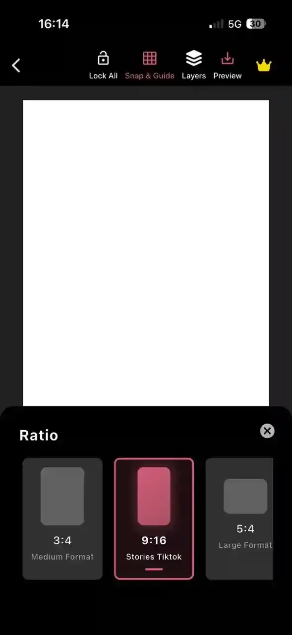 CollagePhotoApp canvas ratio selector with 9:16 option chosen to match Instagram Stories full-screen format at 1080 x 1920 pixels