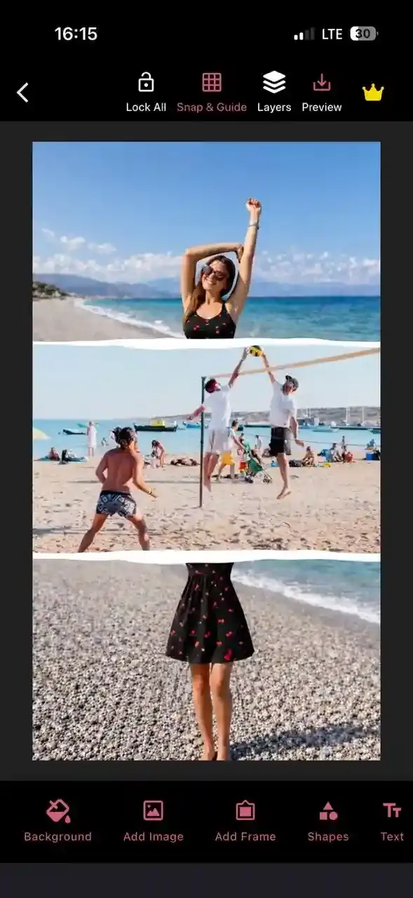 Instagram story collage being customized in CollagePhotoApp editing canvas with photo layers, filters, text and frame controls