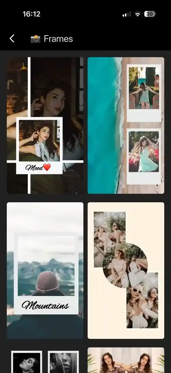 Frame template options in CollagePhotoApp for adding decorative borders and polaroid-style frames to Instagram story collages