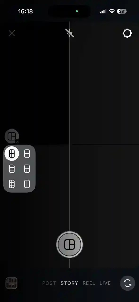 Instagram Stories Layout tool showing selectable grid pattern options for combining 3, 4 or 6 photos into a single story collage