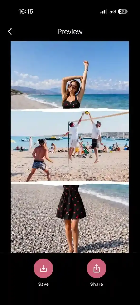 Finished Instagram story collage displayed in CollagePhotoApp preview screen with save and share to Instagram options
