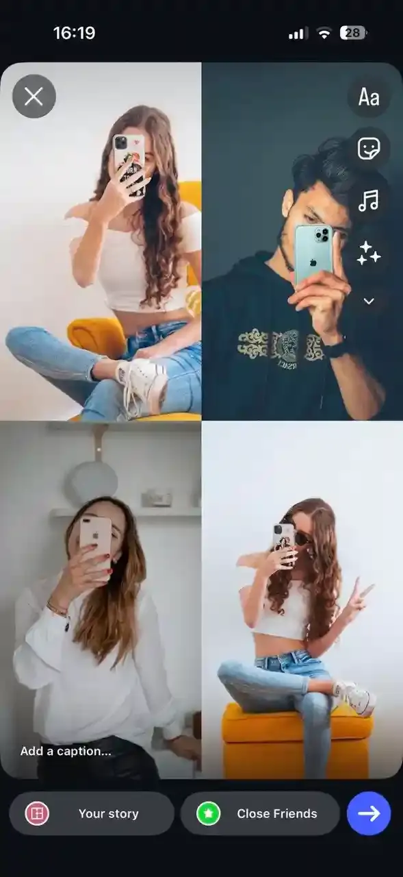 Completed Instagram Layout photo collage in the Stories editor with text and sticker toolbar ready to post to Your Story