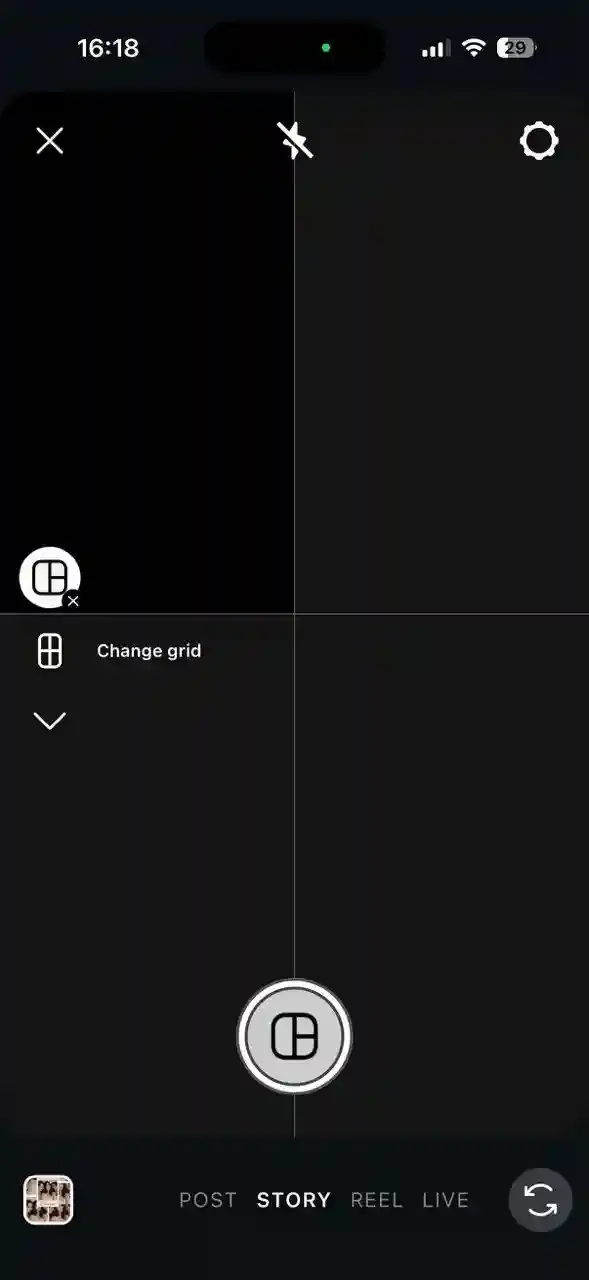 Instagram Stories camera screen with the Layout icon visible on the left side panel for creating a photo grid collage