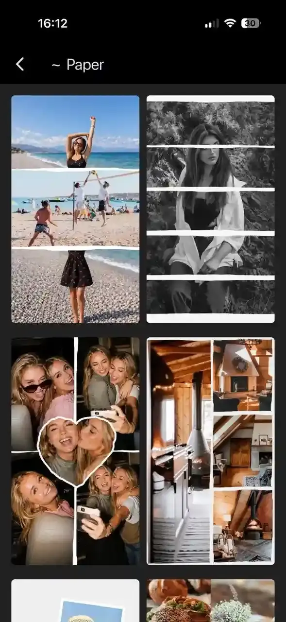 Templates page in CollagePhotoApp showcasing collage designs under categories like Frames and Love, with multiple styled photo layouts to choose from