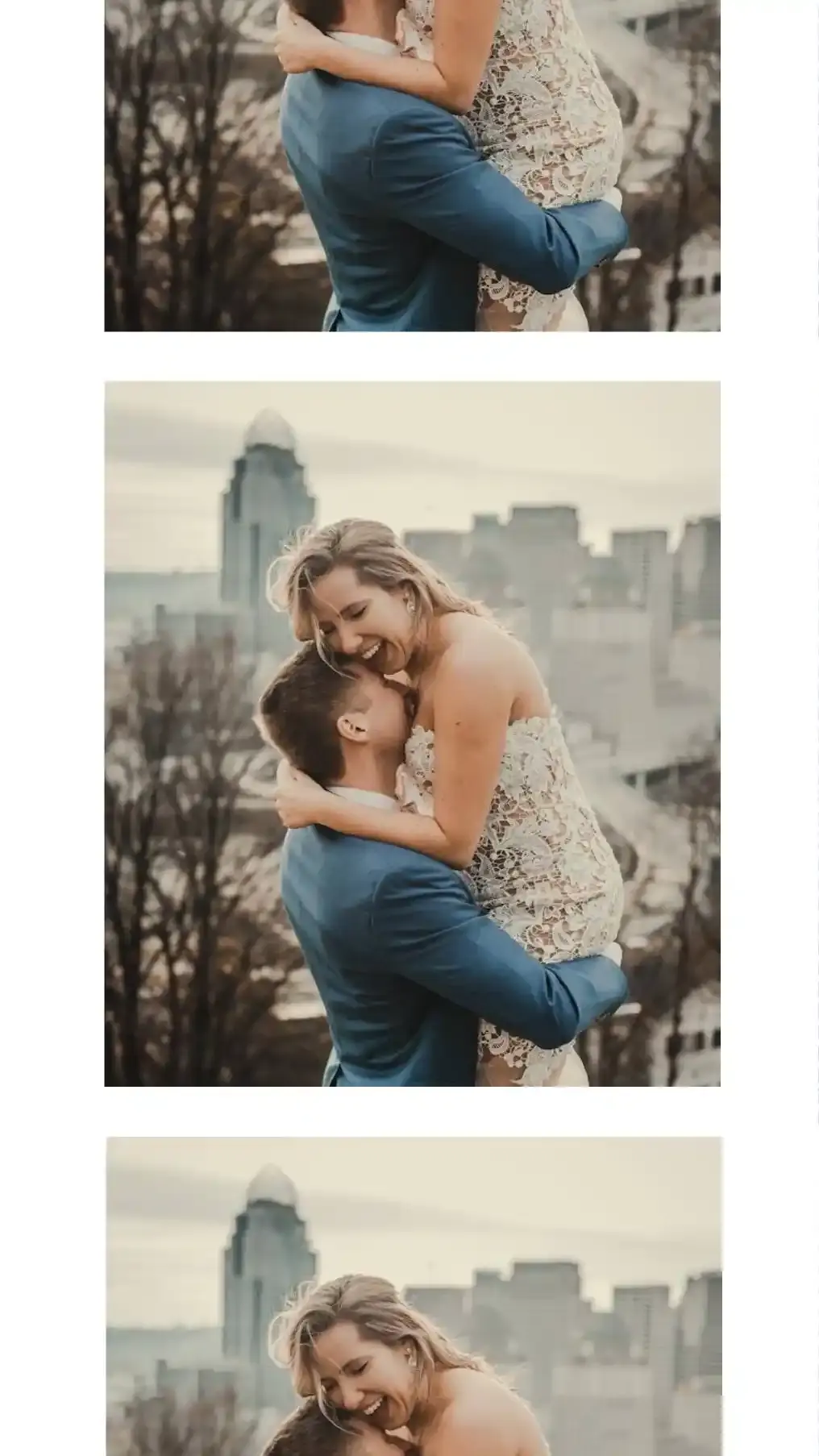Romantic wedding-style photo collage featuring couple embracing with city background