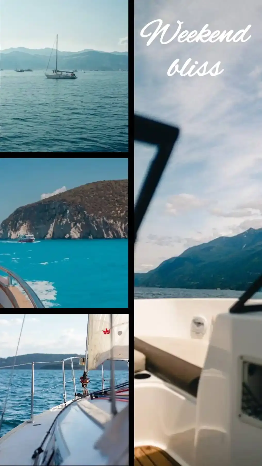Travel collage with yacht, ocean views and 'Weekend Bliss' text in modern split layout