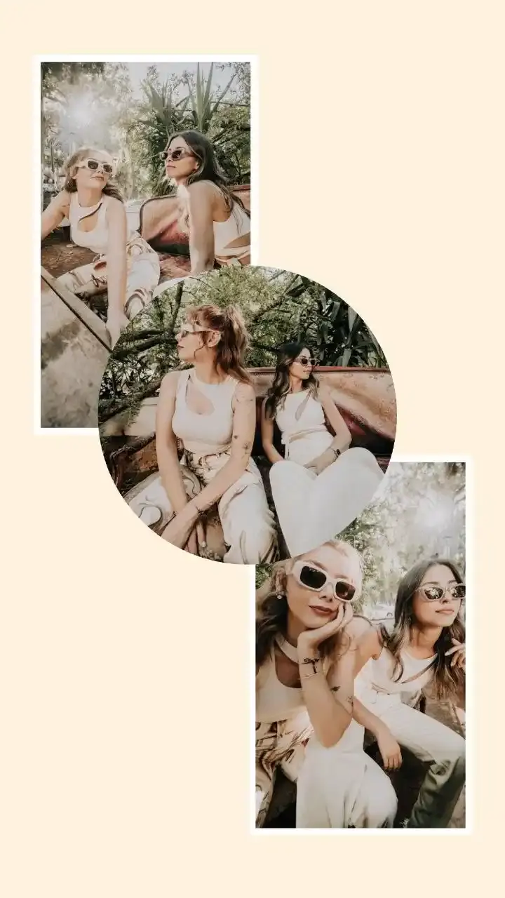 Minimal beige aesthetic collage with circular and rectangular photo frames of friends outdoors
