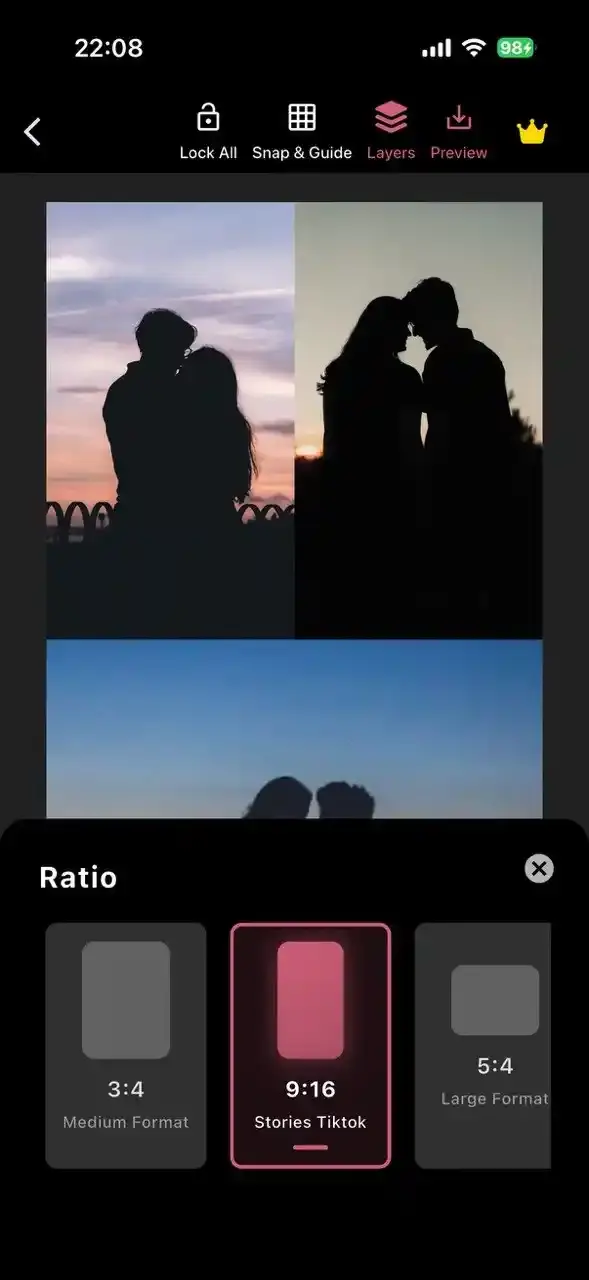 Collage maker app interface showing 9:16 vertical aspect ratio for Instagram Stories and TikTok