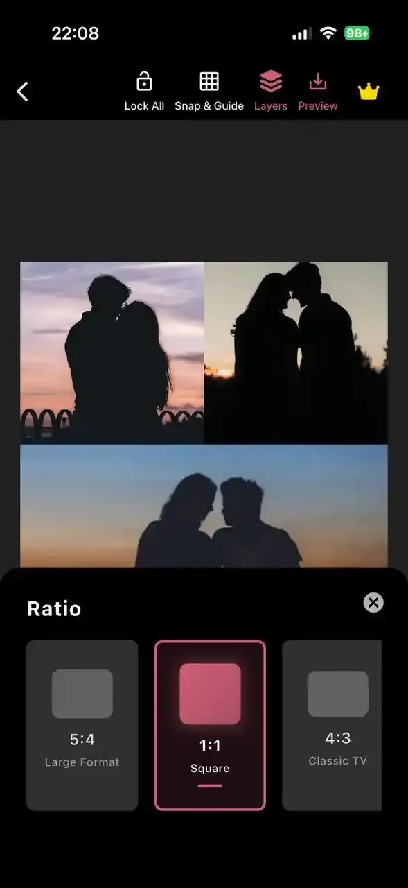 Photo collage app interface displaying square 1:1 aspect ratio selection option