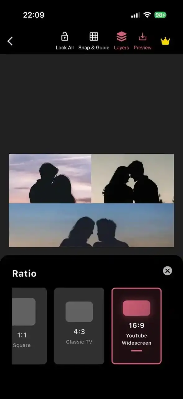 Collage editor showing 16:9 widescreen aspect ratio for YouTube and landscape layouts