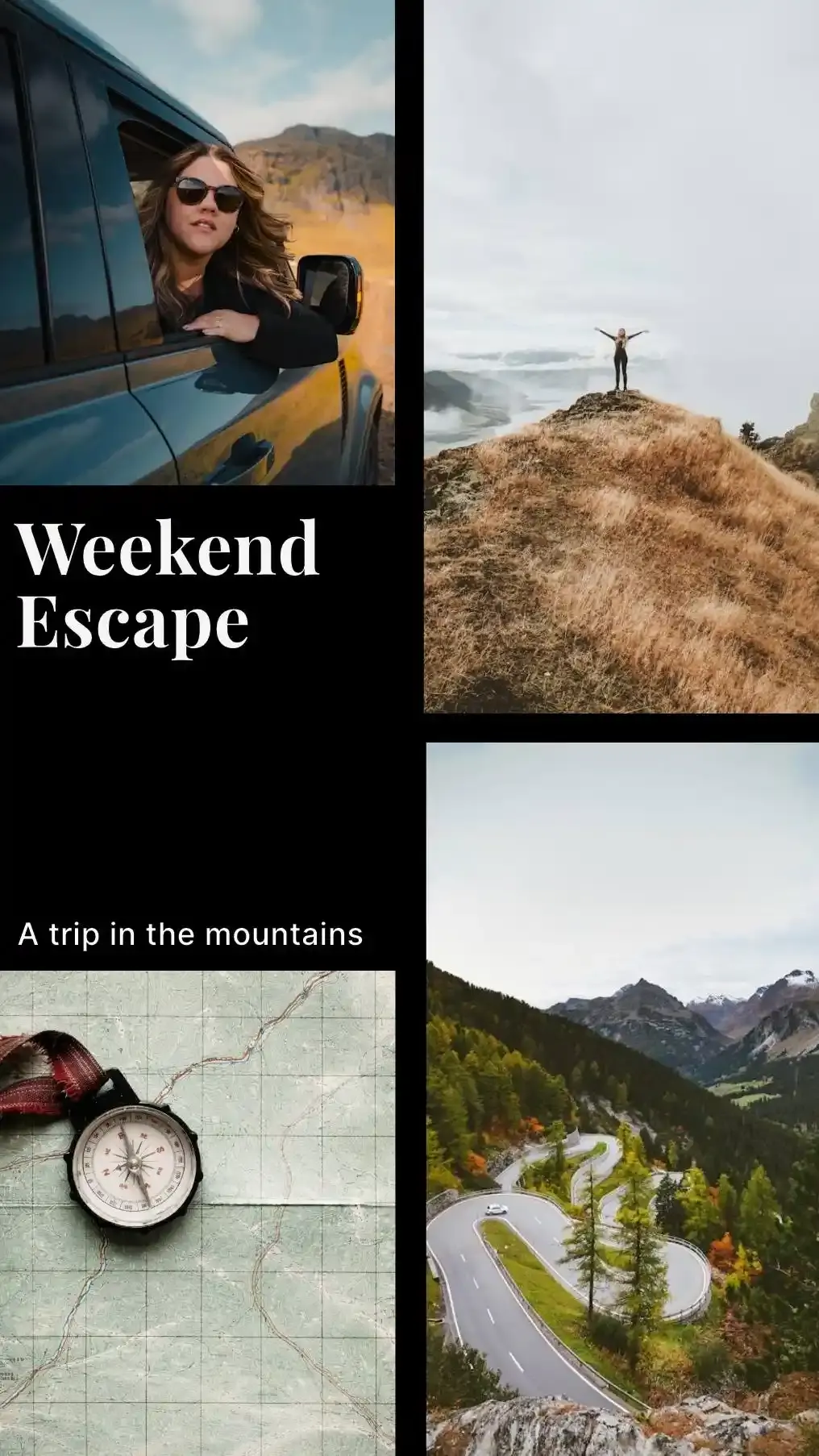 Travel collage template with 'Weekend Escape' title and mountain road photos in grid layout