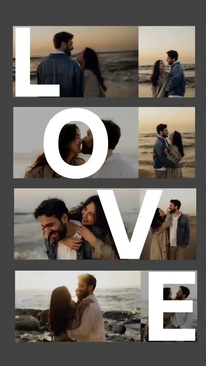 Love collage template with romantic couple photos arranged in letter-style layout