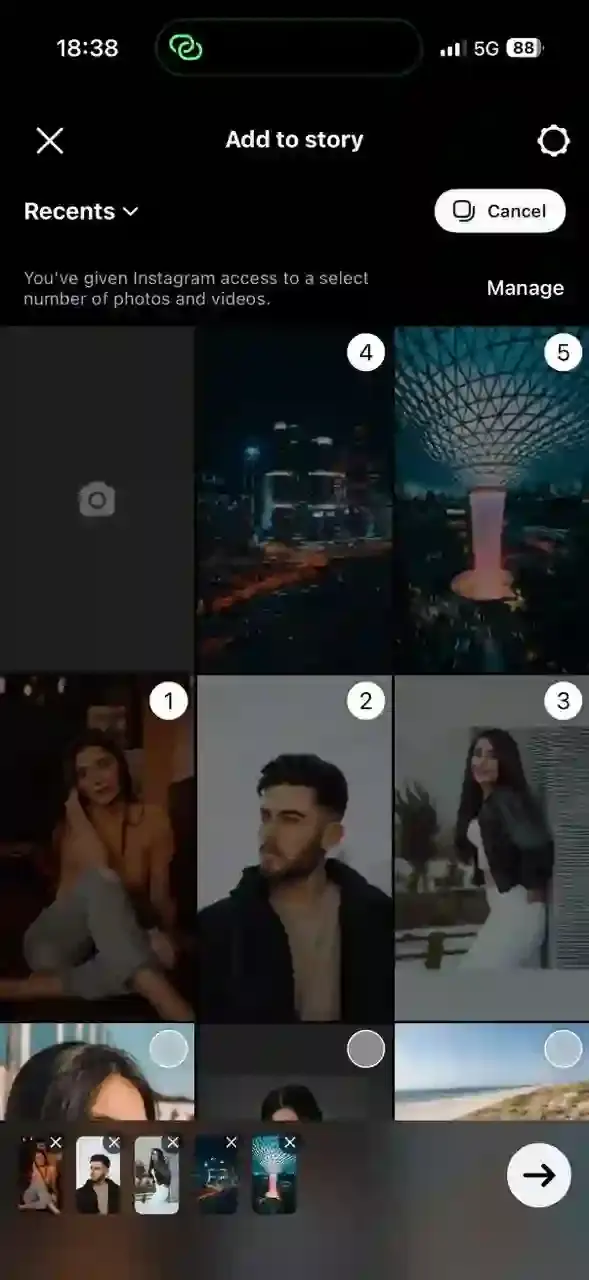 Instagram camera roll in Select mode with numbered order badges on each selected photo indicating their posting sequence in the Instagram Story