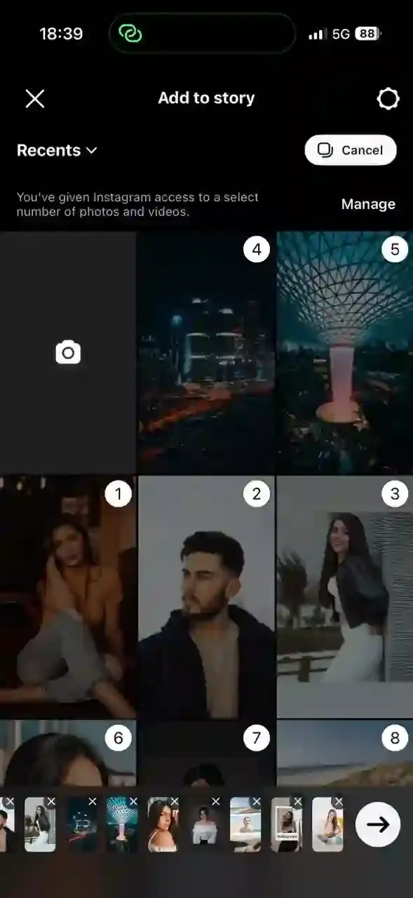 Instagram camera roll showing 10 photos selected with numbered order badges and the arrow button at the bottom-right to confirm the selection and proceed to the editing screen