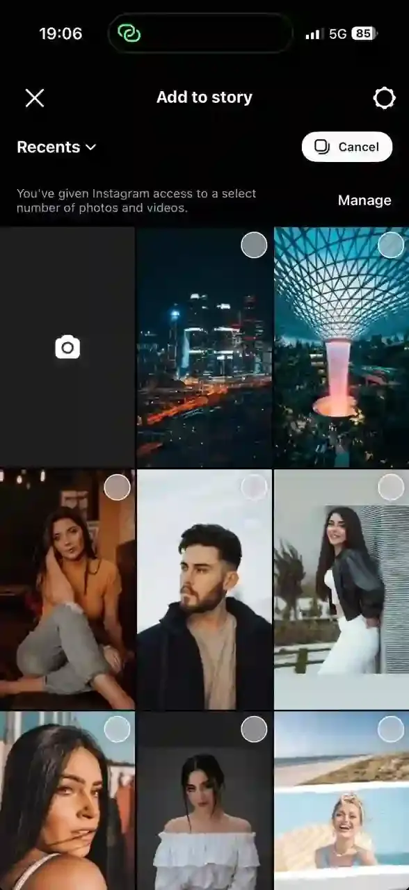Instagram camera roll with Select mode activated, showing the Select button changed to Cancel at the top of the gallery indicating multi-photo selection is ready